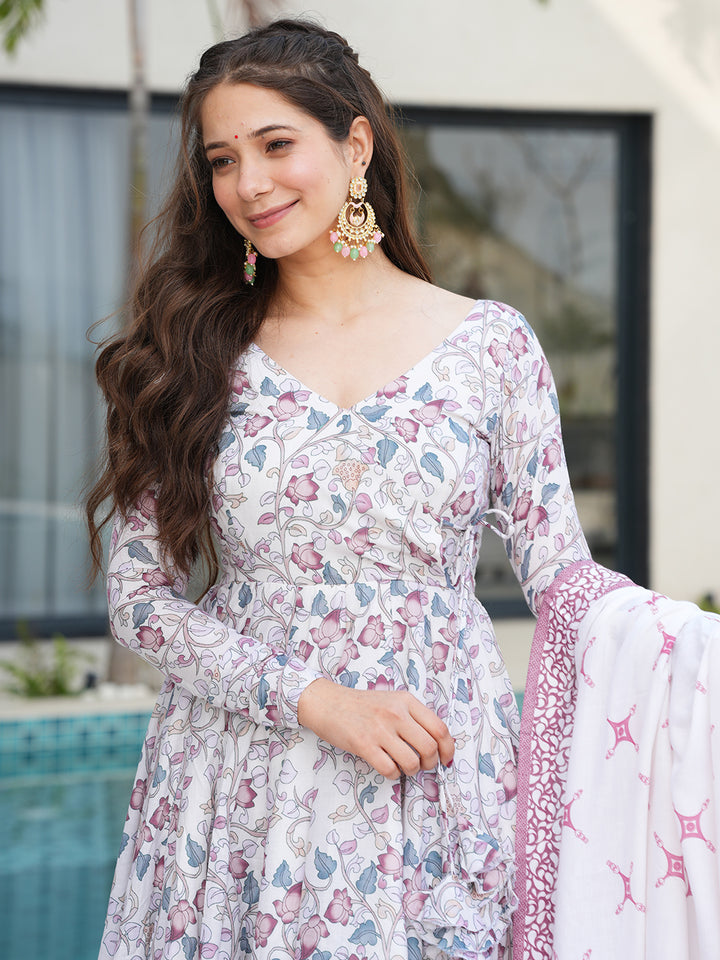 White Color Printed Soft Cotton Three Piece Anarkali Suit