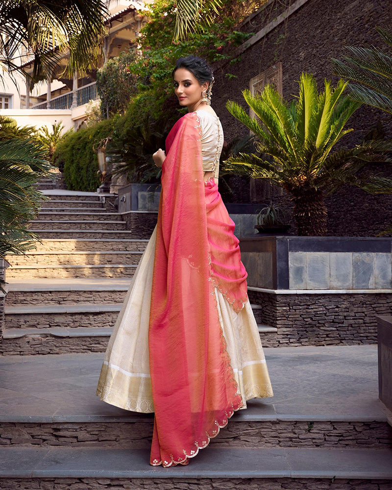 Off-White Color Jacquard Chex Half Saree