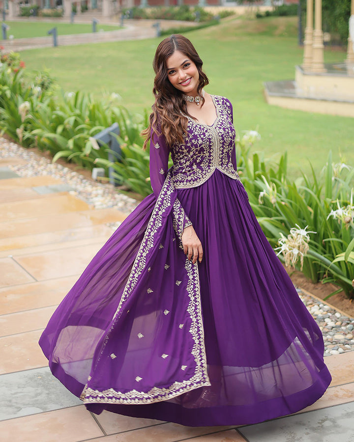 Purple Color Faux Blooming Multi Embroidered Work Gown