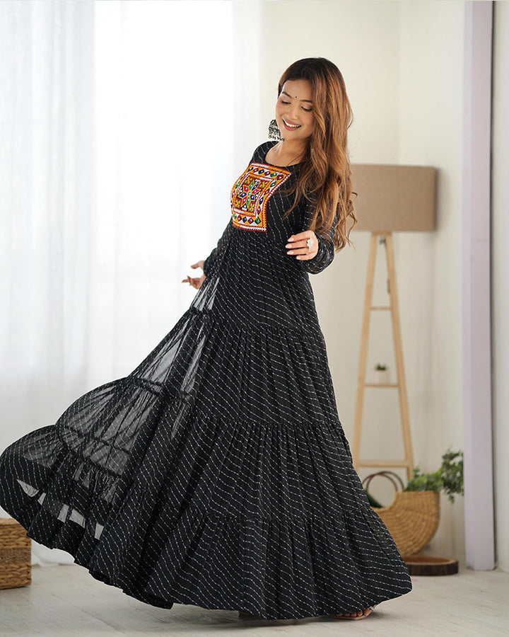 Black Color Georgette Laheriya Print Navratri Gown