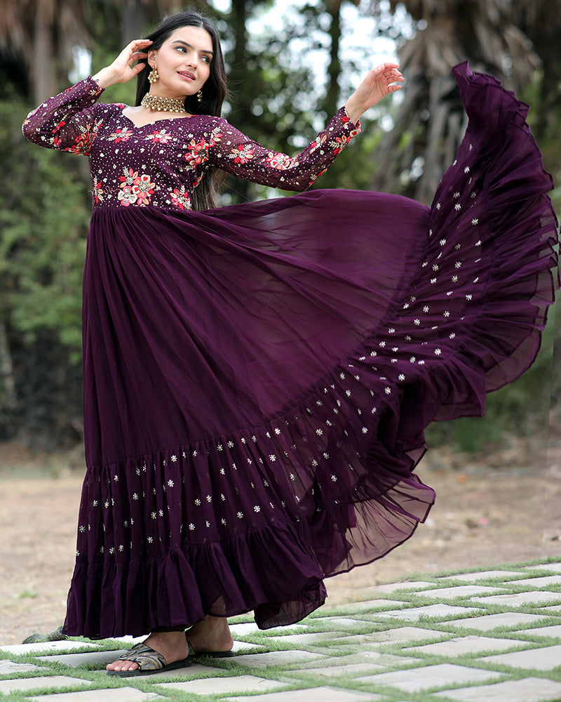 Wine Color Designer Thread Embroidery Anarkali Gown