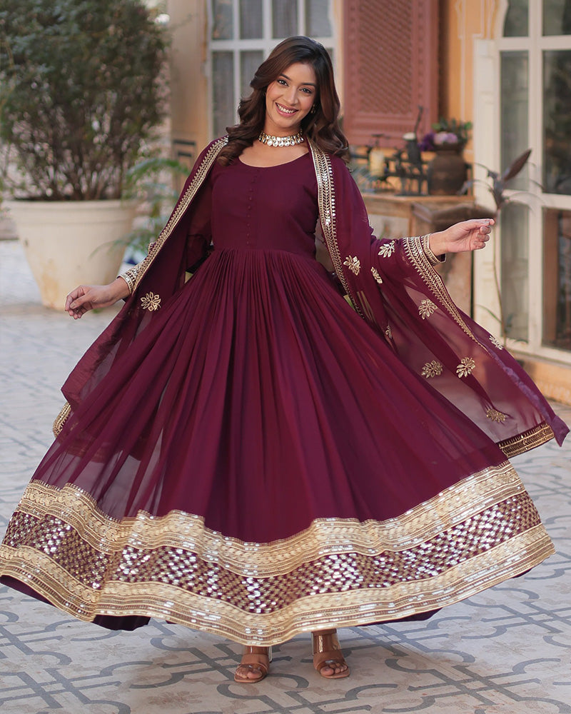 Royal Maroon Color Faux Blooming Zari Embroidered Work Gown