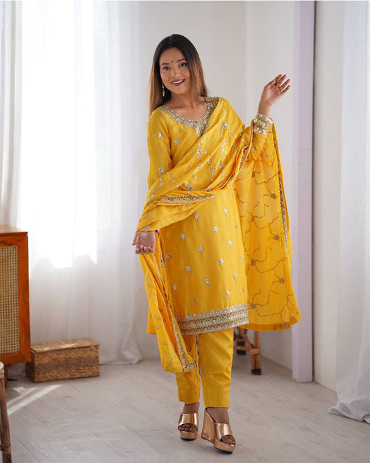 Yellow Color Chinon Silk Embroidered Three Piece Kurti Suit