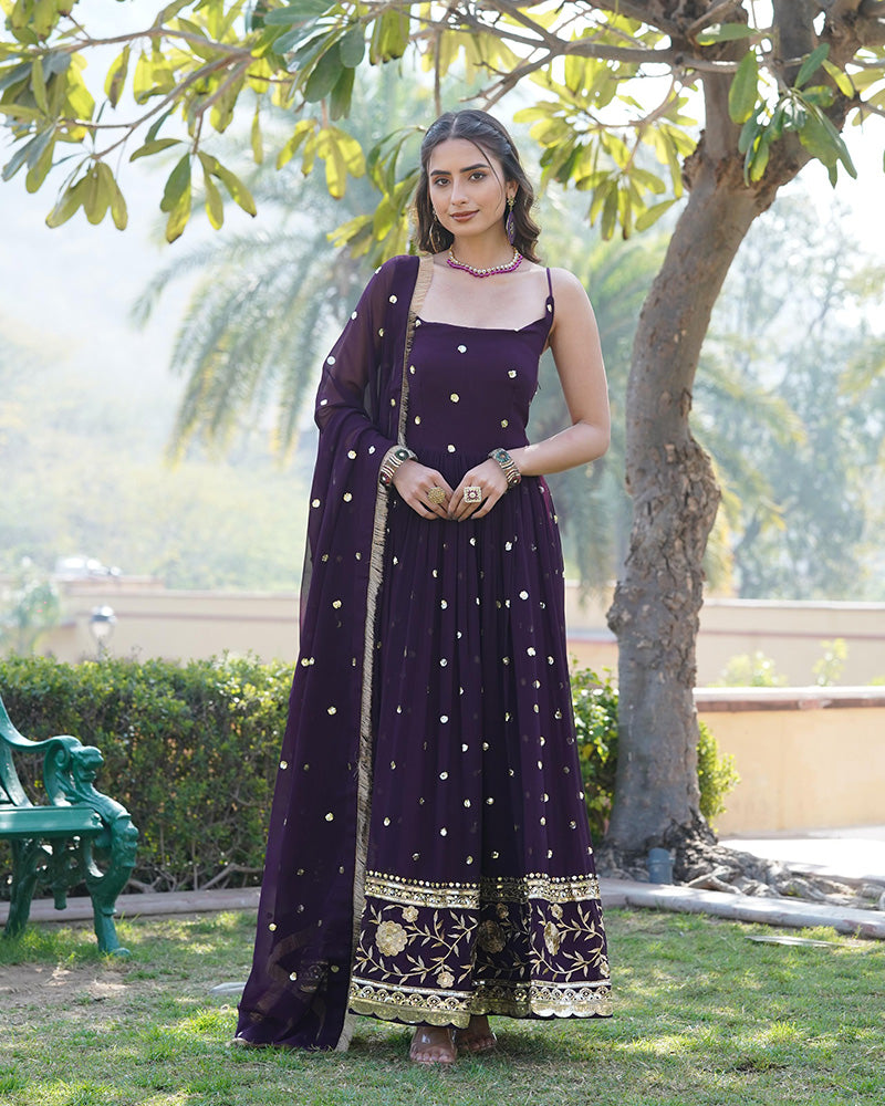 Designer Wine Color Blooming Sequence Embroidered work Gown