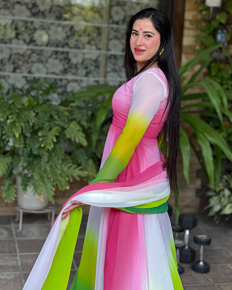 Isha sharma In Our Multi Pink Color Georgette Three Piece Anarkali Suit