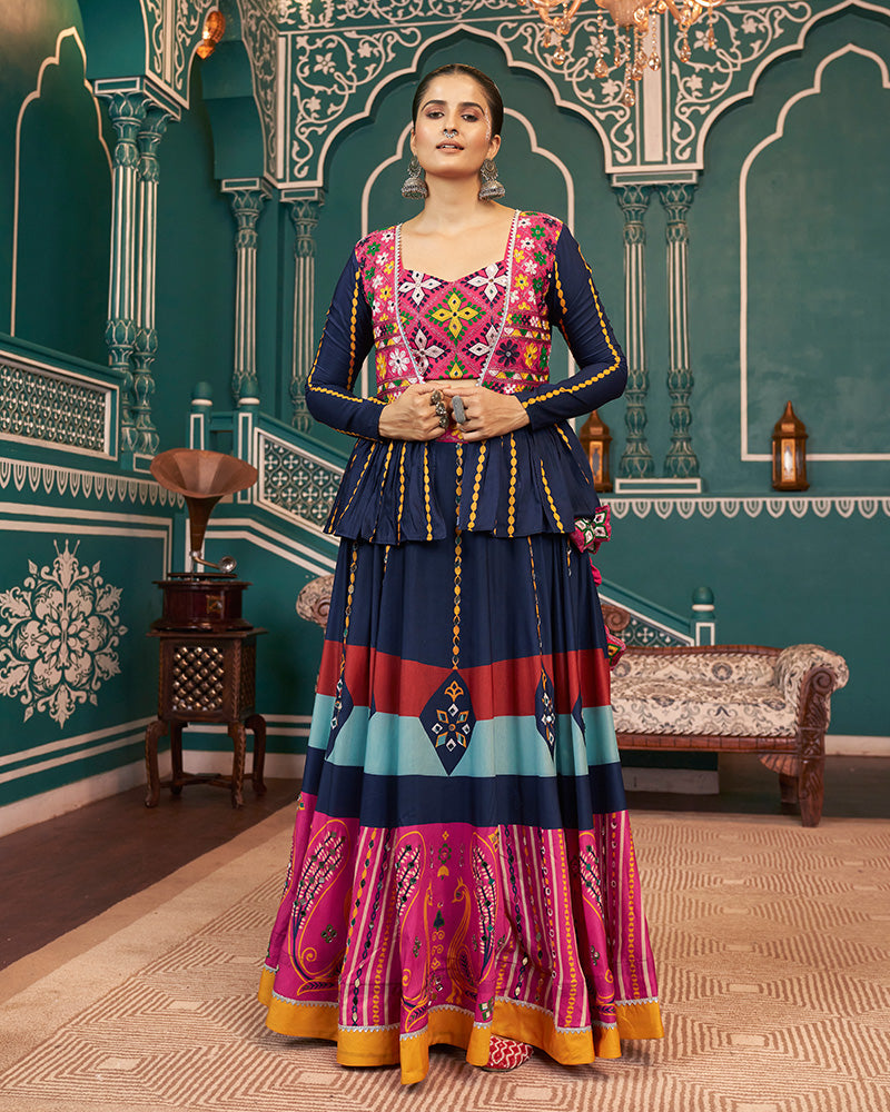 Navy Blue Multi Color Maska Silk Navratri Lehenga Choli