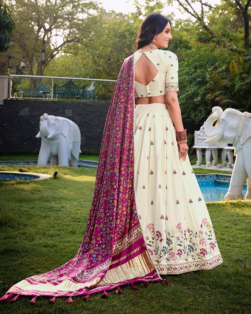 Flower Shape Off-White Color Cotton Lehenga Choli