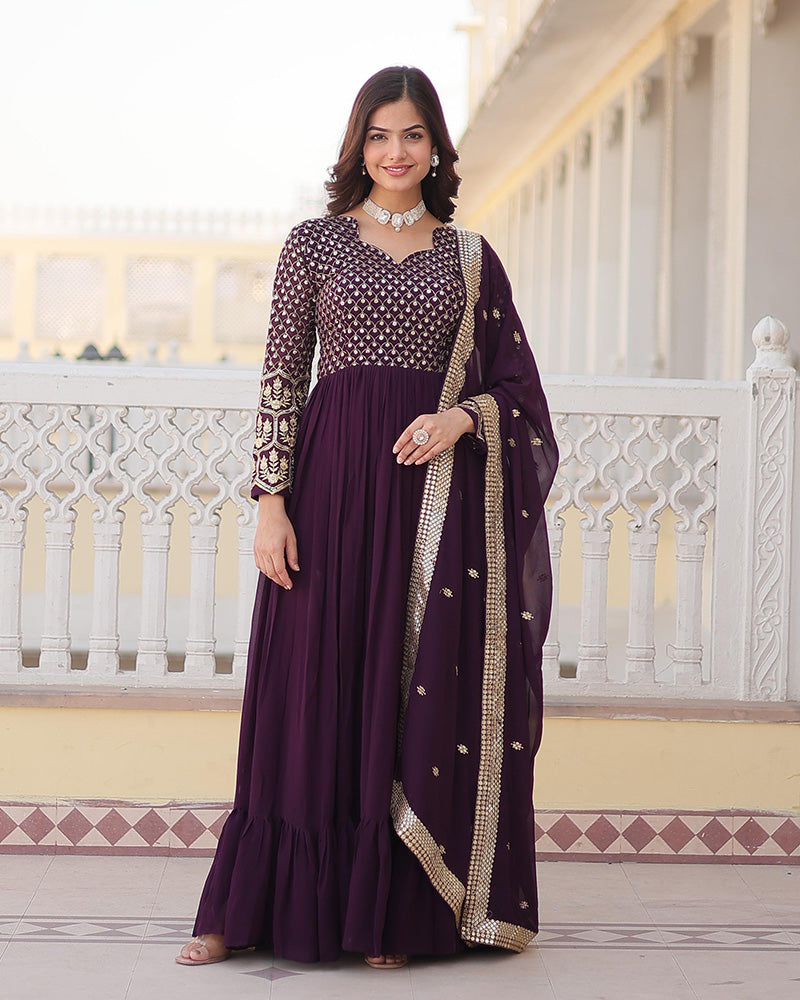 Wine Color Faux Blooming Gown With Sequins Embroidered Dupatta