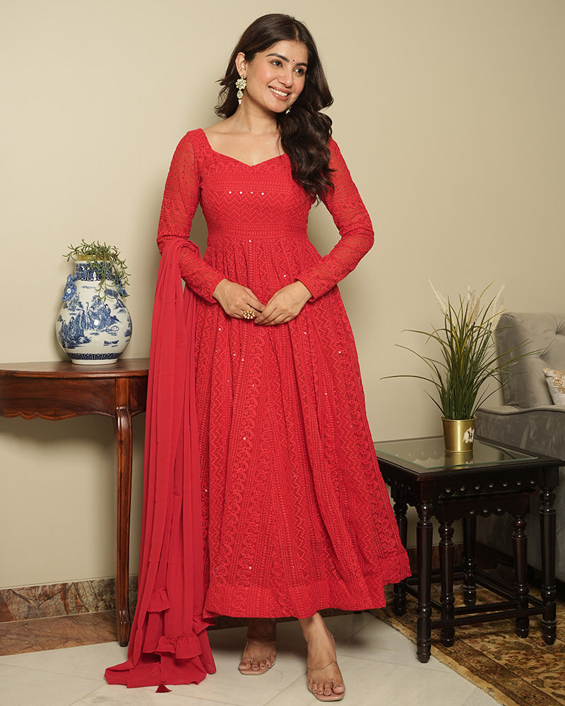 Red Color Georgette Lucknowi Three Piece Anarkali Suit