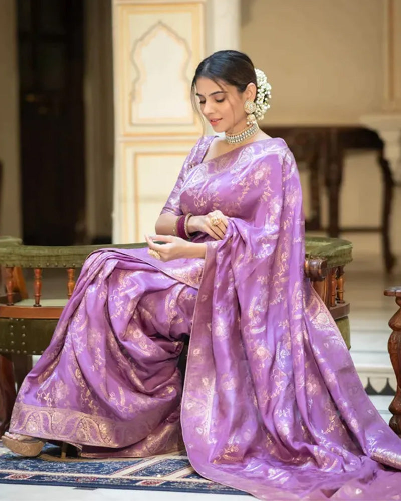 Lavender Color Banarasi Jacquard Zari Weaving Saree