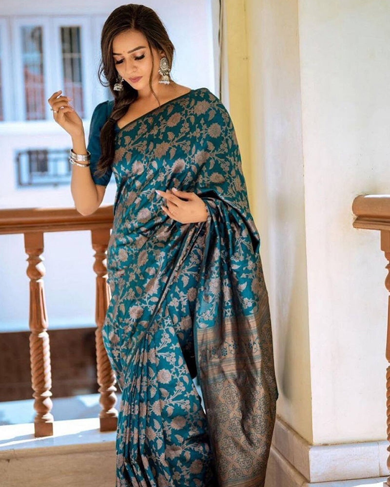 Rama Color Banarasi Jacquard Soft Silk Saree