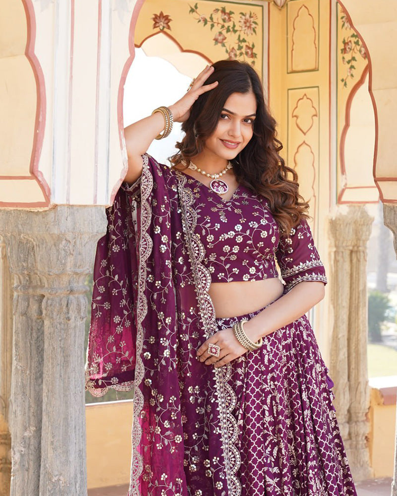 New Design Wine Color Sequence Embroidered Jacquard Lehenga Choli