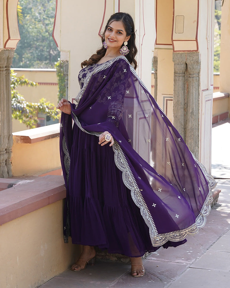 Purple Color Anarkali Gown With Faux Blooming Dupatta