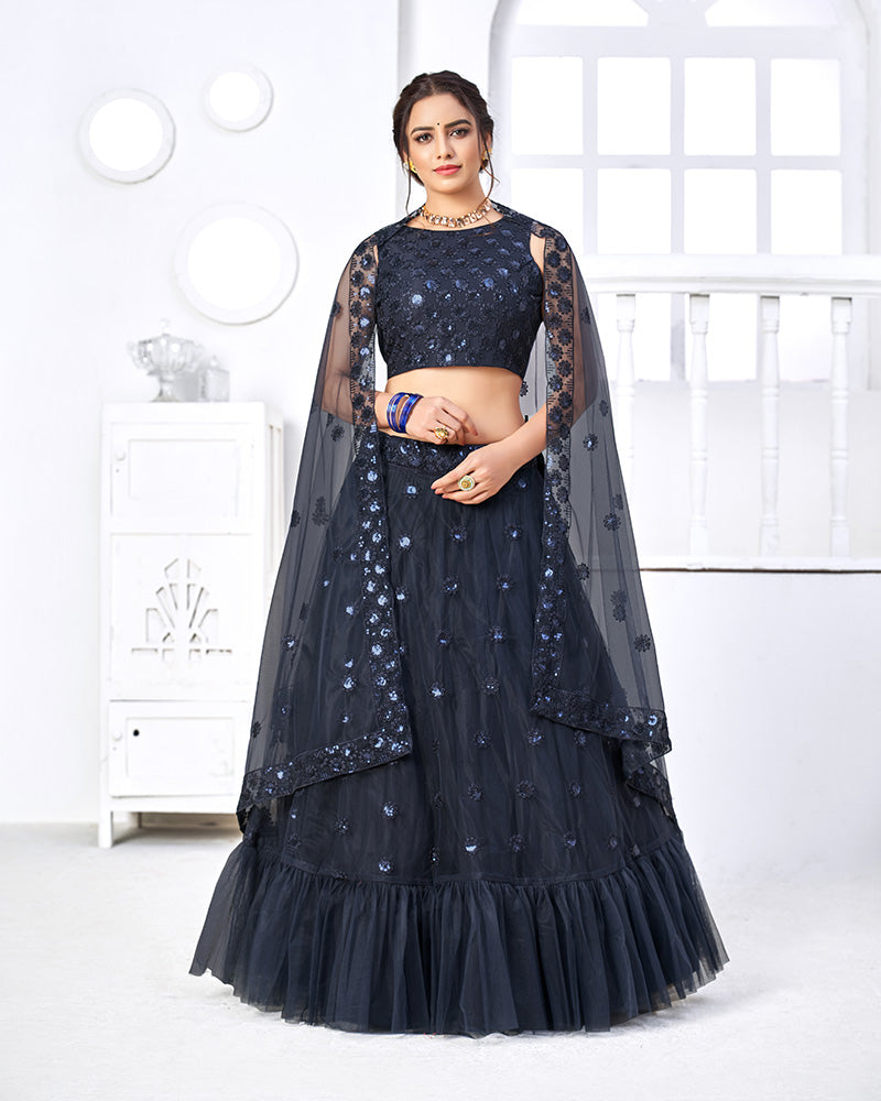 New Design Blue Color Net Frill Semi Stitched Lehenga Choli