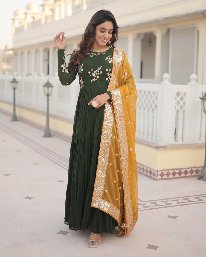 Mehndi Color Three layer Georgette Gown With Russian Silk Dupatta