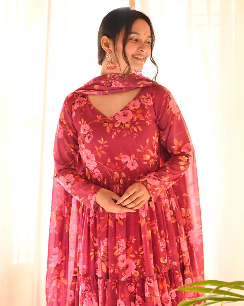 Beautiful Rose Pink Color Three Layer Georgette Printed Gown