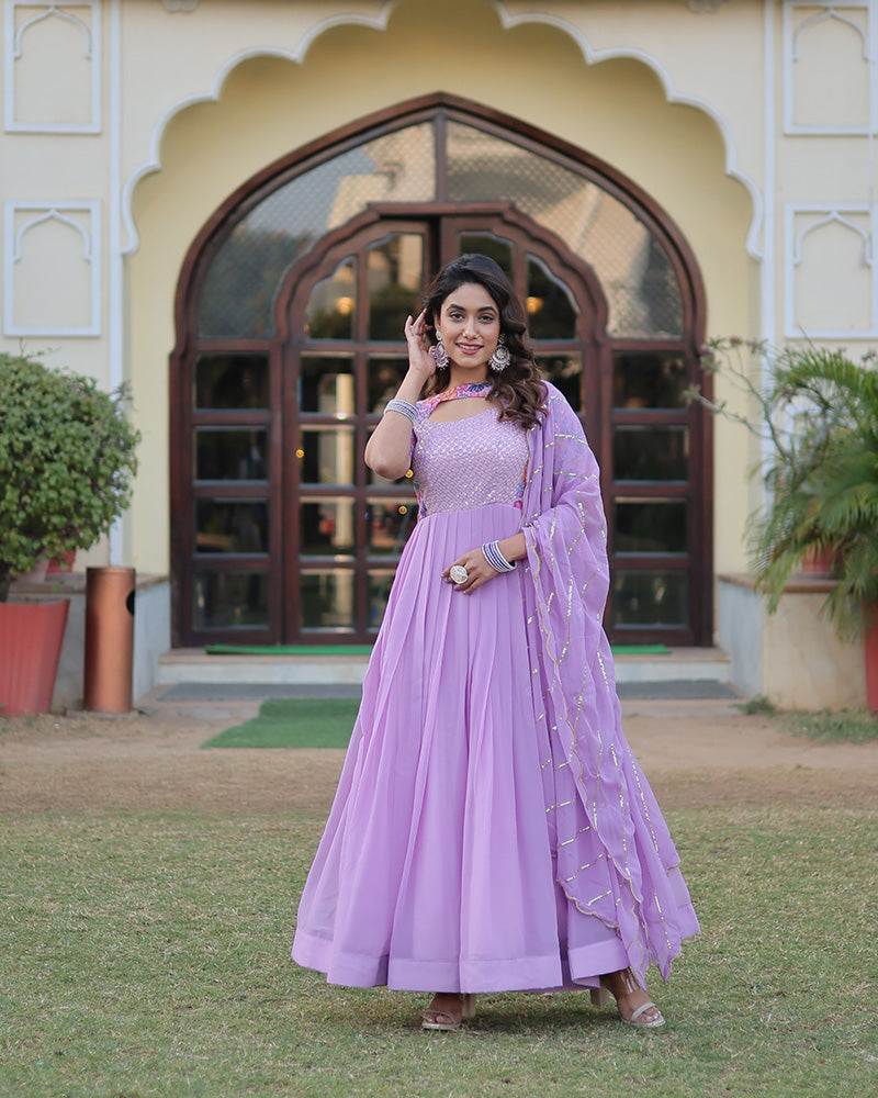 Lavender Color With Fancy Neck Faux Georgette Designer Anarkali Suit