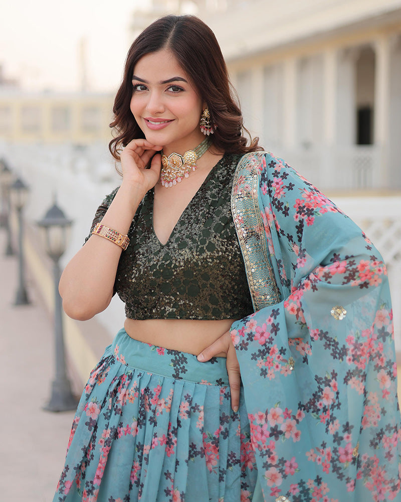 Sky Blue Color Russian Silk Embroiderde Lehenga Choli