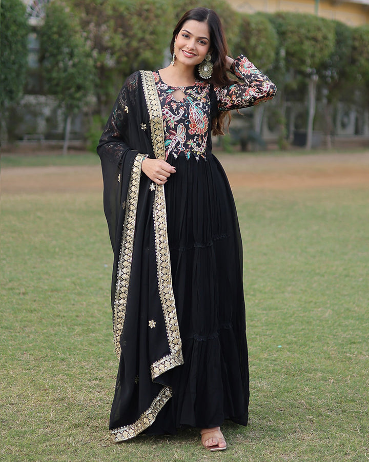 Black Color Frill Georgette Gown With Dupatta