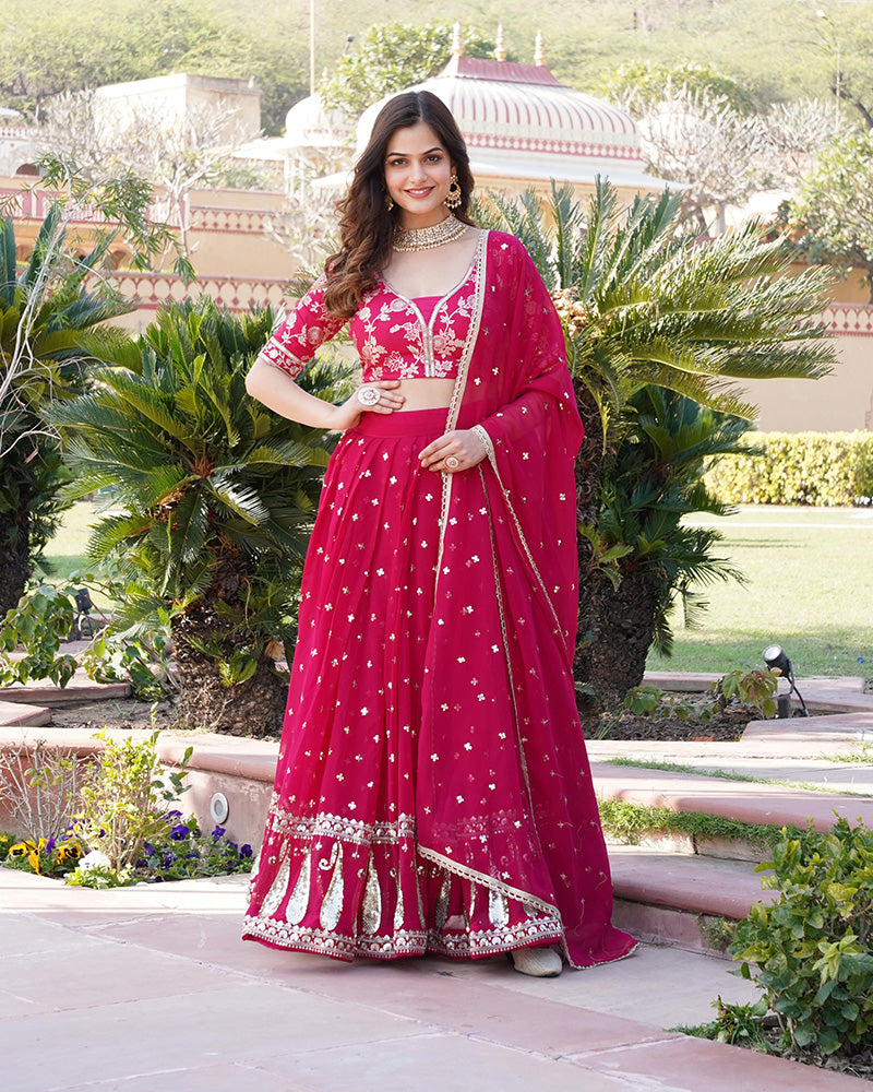 Rani Pink Color Sequence Embroidered Faux Blooming Lehenga Choli