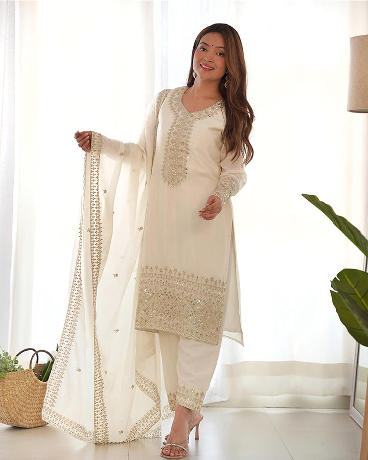 White Color Chinon Silk Three Piece Kurti Suit