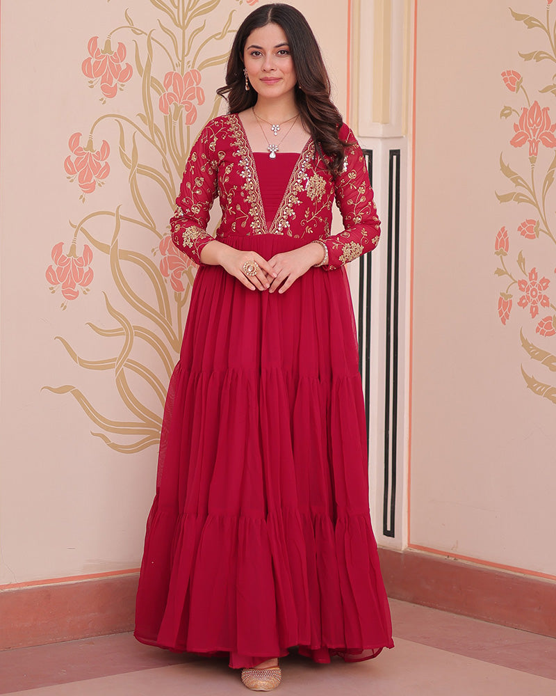 Elegant Rani Pink Floor-Length Gown With Golden Threadwork