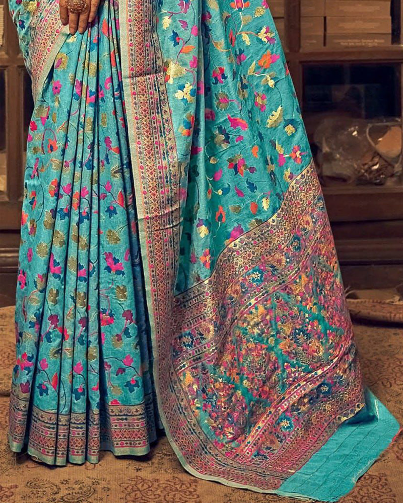 Heavy designer Sky Blue Colour Banarsi Soft Silk Saree