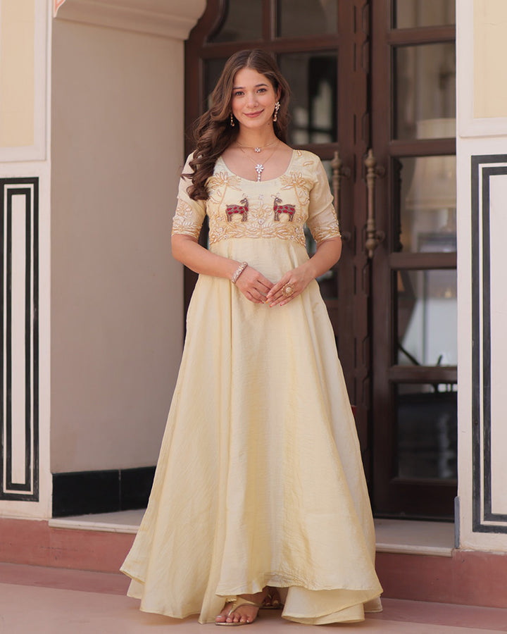 Cream Color Gold Crush Embroidered Work Gown