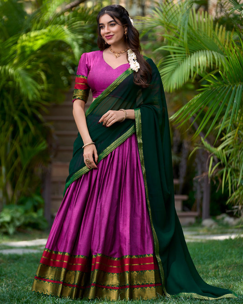 Pink Color Poly Cotton Zari Weaving Work Half Saree