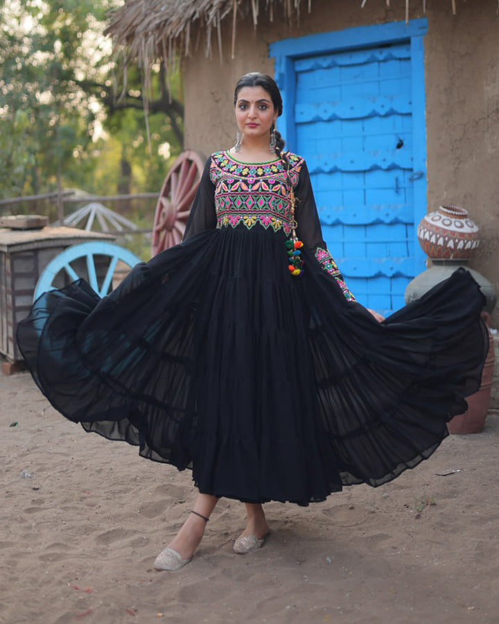 Black Color Blooming Ruffle Style Navratri Gown