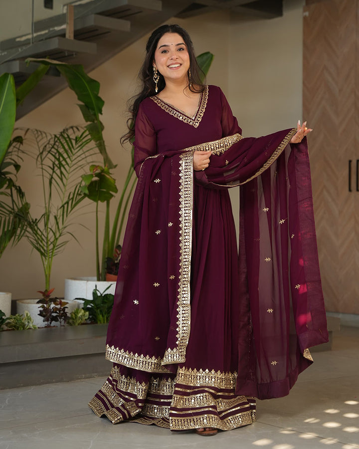 Wine  Color Faux Blooming Embroidered Gown With Dupatta