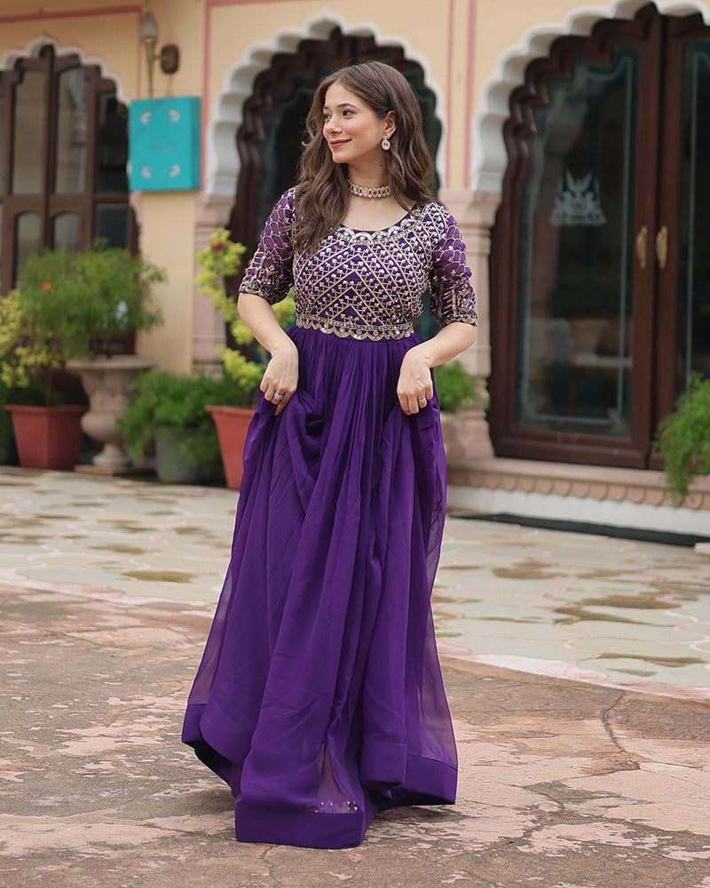 Purple Color Faux Blooming Embroidered Sequence Gown