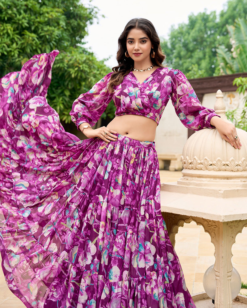 Wine Color Georgette Printed Crop Top Lehenga Choli