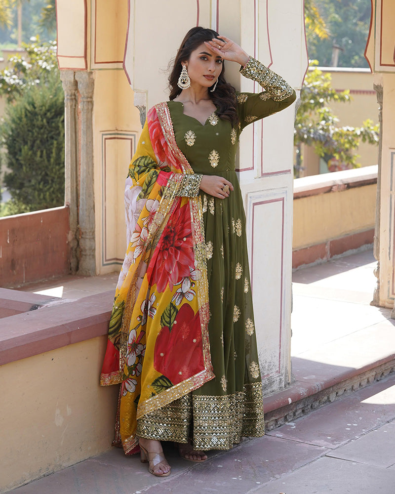 Faux Georgette Mehendi Color Anarkali Gown With Tebby Silk Dupatta