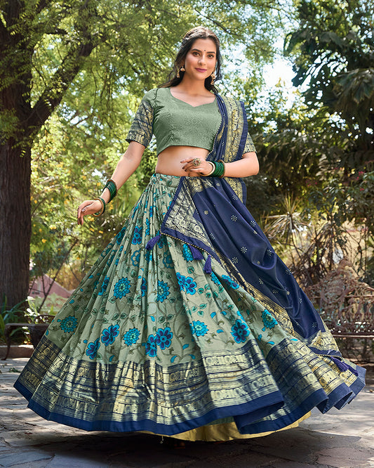 Sea Green Color Tussar Silk Kalamkari Printed Navratri Lehenga Choli