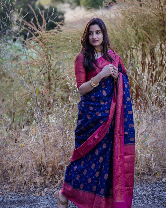 Pink And blue Color Banarasi Silk Saree
