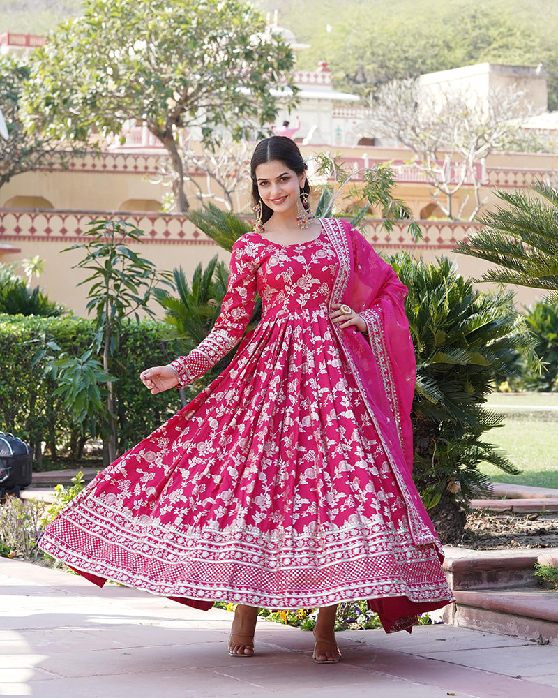 Designer Pink Color Sequence embroidered Viscose Jacquard Gown With Dupatta