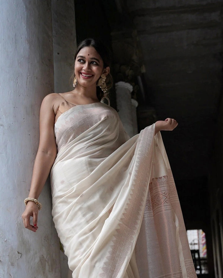 White Color Banarasi Jacquard Soft Silk Saree