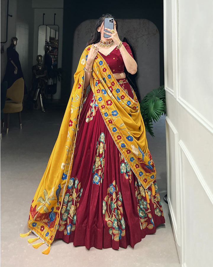 Maroon Color Tussar Silk Printed With Foil Work Lehenga Choli