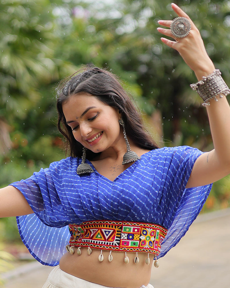 White Color Kora Cotton Lehenga With Blue Choli