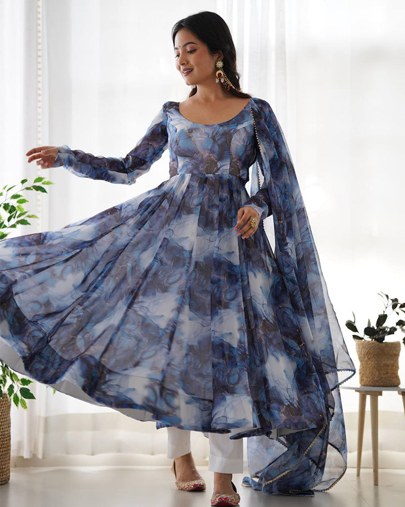 Navy Blue Color Pure Soft Organza Three Piece Anarkali Suit