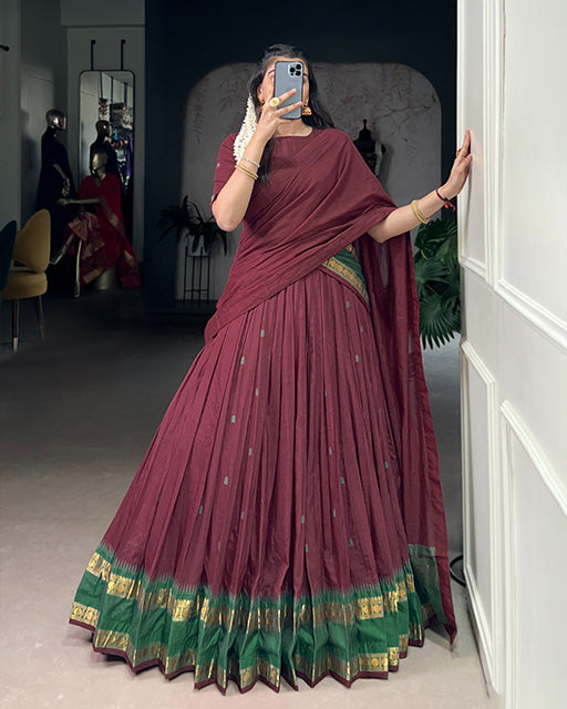 Elegant Maroon Chanderi cotton half saree lehenga choli