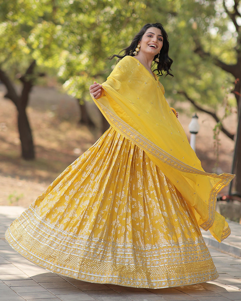 Yellow Color Pure Viscose Jacquard Lehenga Choli