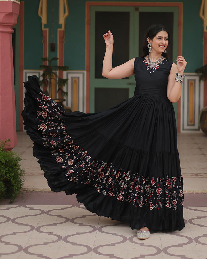 Black Color Reyon Printed Navratri Gown