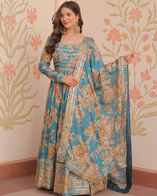 Sky Blue Color Russian Silk Embroidered Gown