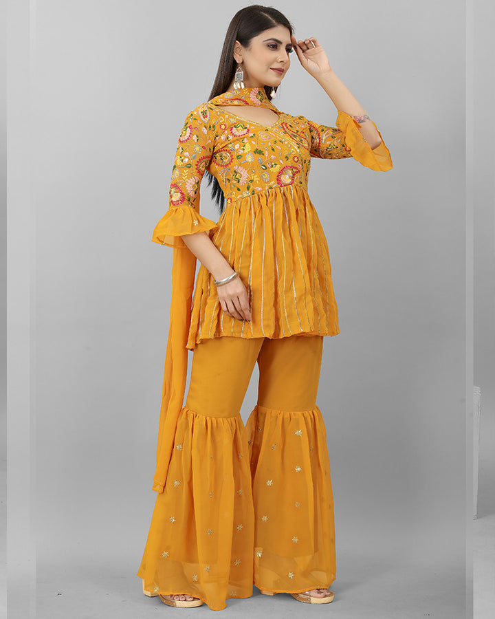 Yellow Color Georgette Embroidery work Three Piece Sharara Suit