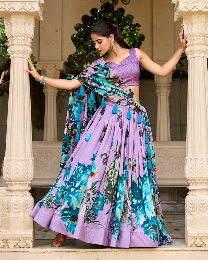 Lavender Color Tussar Silk Floral Printed Lehenga Choli