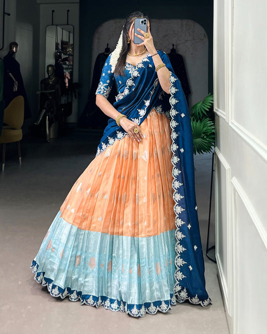 Orange Color Zari Kota Embroidered Half Saree