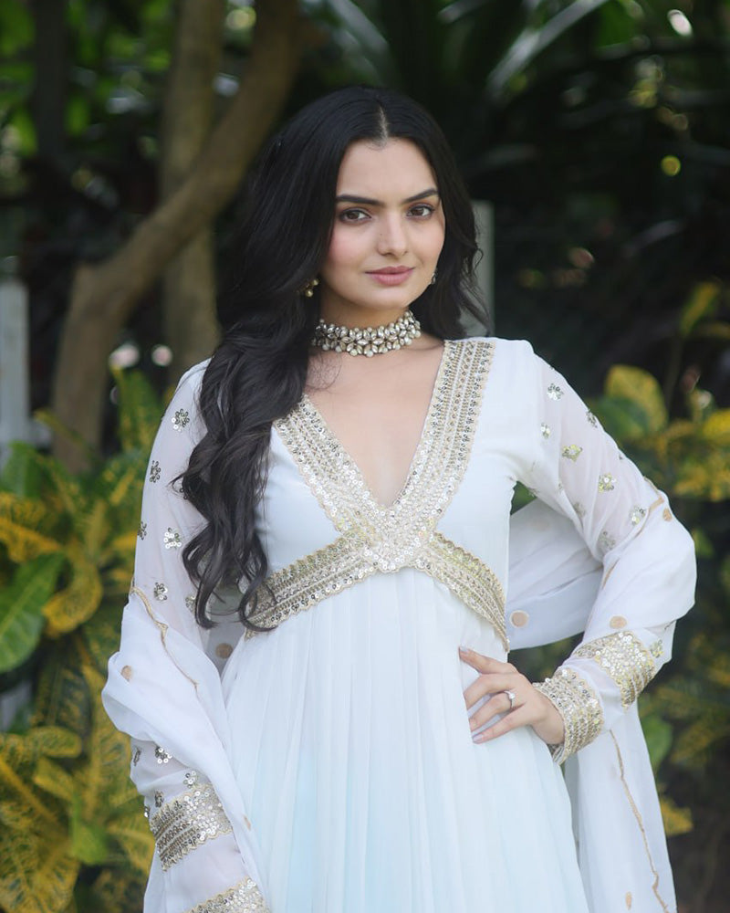 Wedding Wear Embroidered White Color Alia Cut Gown With Dupatta