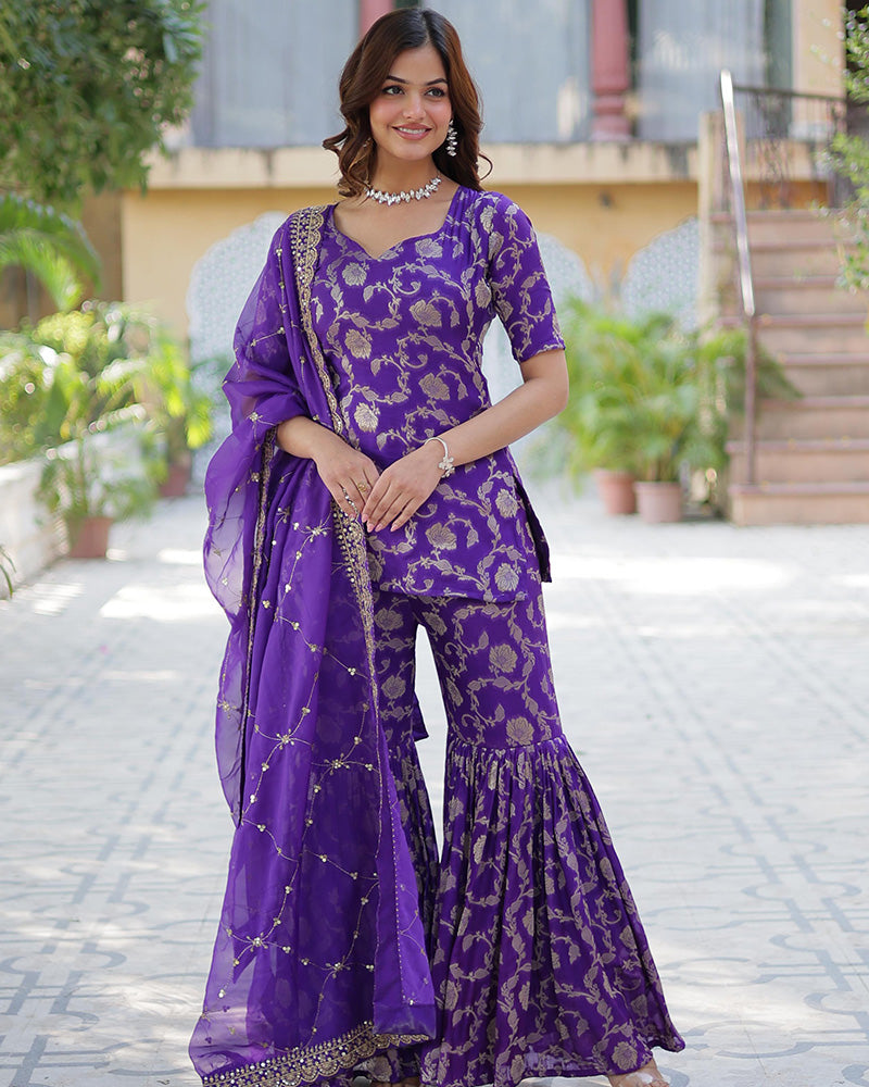 Purple Color Georgette Jacquard Gharara Suit